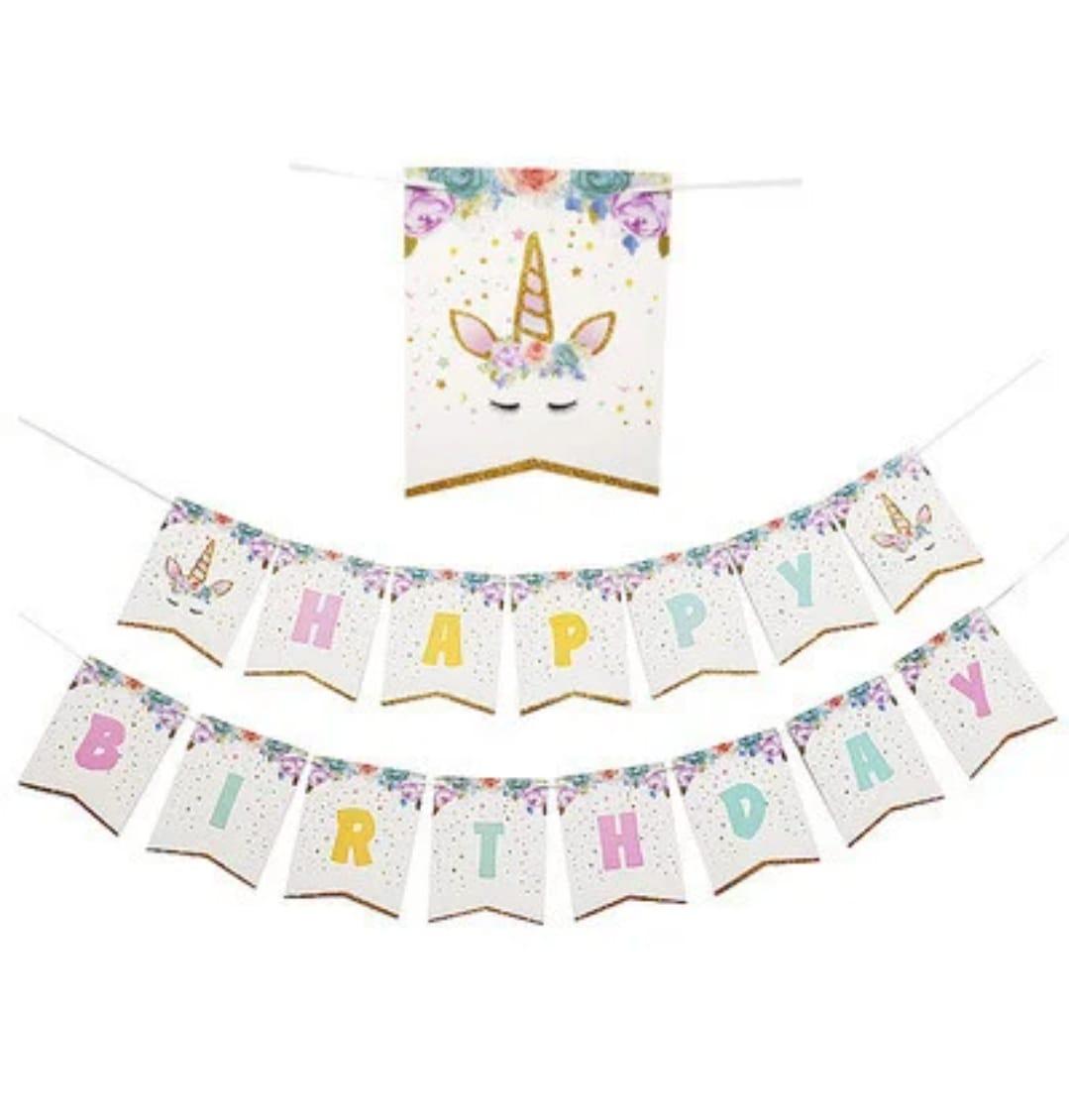 Прапорці паперові з единорогом HAPPY BIRTHDAY | Білий