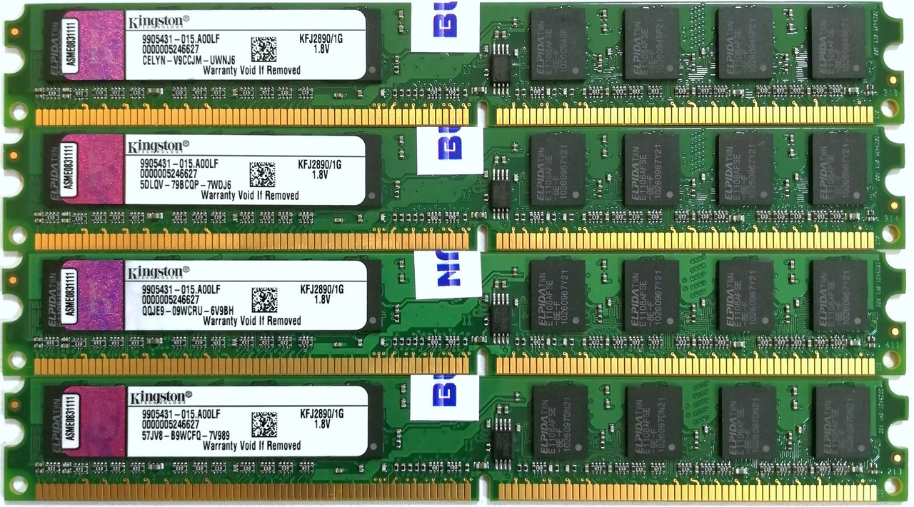 Комплект оперативної пам'яті Kingston Low Profile DDR2 4Gb (4x1Gb) 800MHz PC2-6400U 1R8 CL5 (KFJ2890/1G) Б/В