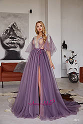 Довгий вечірній атласне плаття з розрізом і рукавами