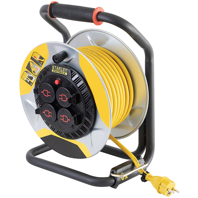 Подовжувач на котушці Stanley Fatmax 25 м, 3x1.5мм2, IP44, 3200Вт, 4 розетки з кришками, алюміній