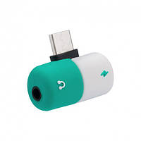 Переходник сплиттер Alitek USB Type-C - 3.5 мм наушники + USB Type-C зарядка Green/White