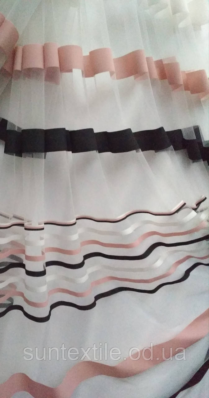 Тюль сітка фатин смужка перико-чорний, фото 1