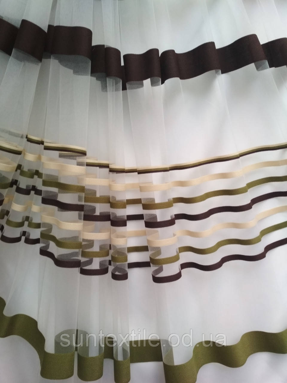 Тюль сітка фатин смужка оливка з коричневим, фото 1