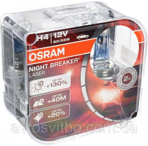 Галогенна лампа Осрам (OSRAM) Night Breaker Laser + 130% H4 12V 60/55W 2шт., фото 1