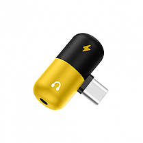 Перехідник спліттер Alitek USB Type-C - 3.5 мм навушники + USB Type-C зарядка Black/Yellow, фото 2