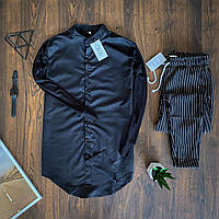 Мужской комплект рубашка черная и брюки в полоску, костюм стильный