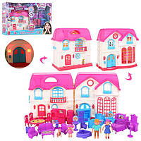 Детский домик для кукол раскладной 2 этажа Bambi с мебелью и семьей из мини кукол, свет, розовый