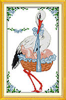 Набор для вышивания крестом с печатью на ткани NKF Голубой аист. Метрика D669 14ст