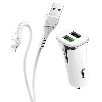 Зарядний пристрій авто. Hoco №Z31 швидка зарядка3.0 2в1 (adapter+iPhone5) 2хUSB 3.4A white