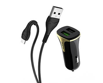 Зарядний пристрій авто.Hoco №Z31 швидка зарядка3.0 2в1 (adapter+microUSB) 2*USB 3.4A black