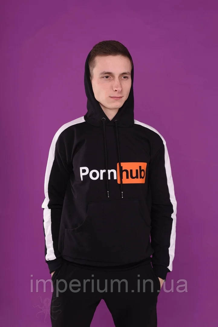 Худі pornhub | чорна толстовка з білими лампасами