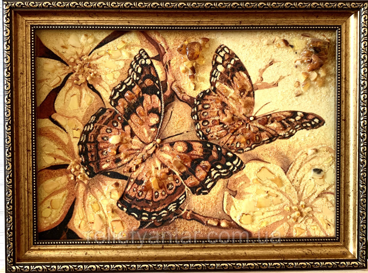 Картина из янтаря " Бабочки " 30x40 см, картина на родарунок