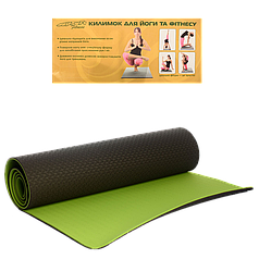 Килимок для йоги та фітнесу двосторонній (йогомат) MS 0613-1 TPE 183-61 см чорний з зеленим 6 мм