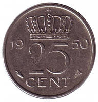 Монета 25 центів. 1950 рік, Нідерланди.