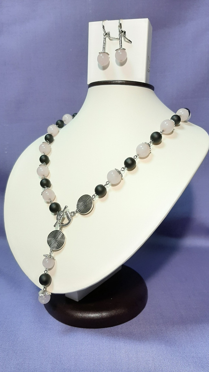 РАПСОДІЯ, Рожевий кварц і шунгіт.Комплект із натурального каменю, фото 1