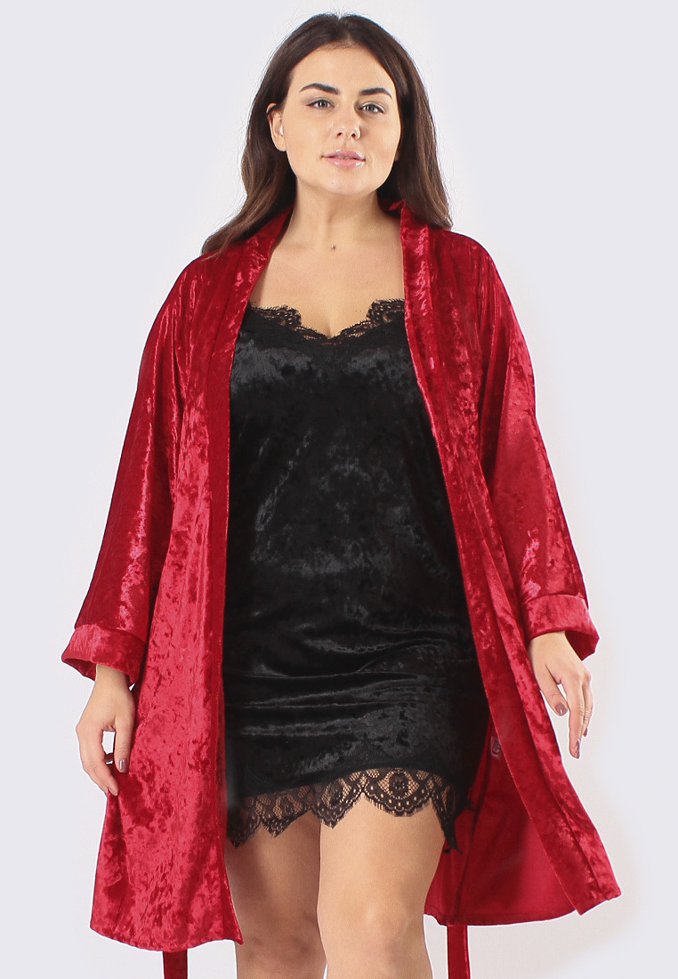 Жіночий комплект велюровий для дому великі розміри халат+пеньюар червоний/чорний