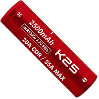 VapCell K25 18650 2500 mAh INR (Red), Высокотоковый 20A (35A) без защиты.