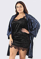 Велюровый женский комплект для дома халат+пеньюар синий/черный