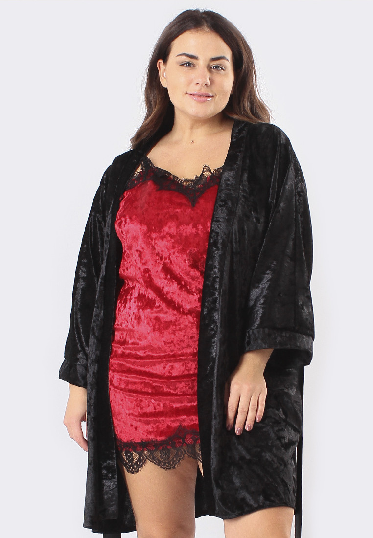 Жіночий велюровий комплект для будинку халат+пеньюар чорний/червоний