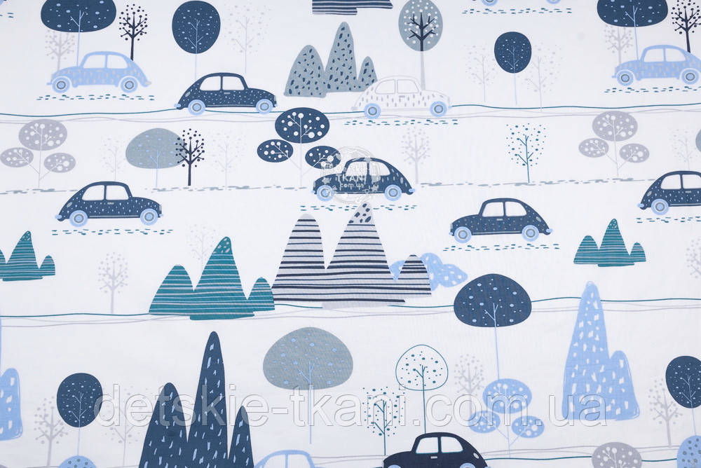 Бязь "Сине-голубые машинки, деревья и горы", фон - белый, №3184 - фото 5 - id-p1323072566