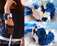 браслет с цветами ручной работы из полимерной глины "Бело-синие розы"