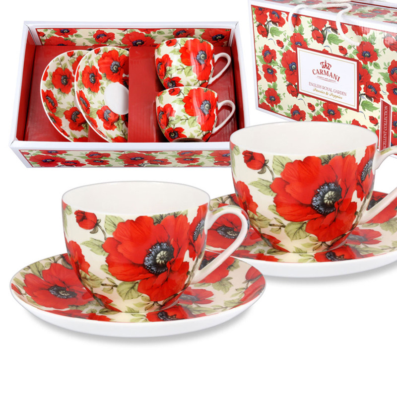 Чайний набір Маки: 2 чашки + 2 блюдця, 300 мл Carmani, фото 1