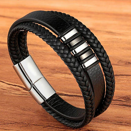 Браслет шкіряний з вставками чоловічий Zig Jewelry чорний, фото 1