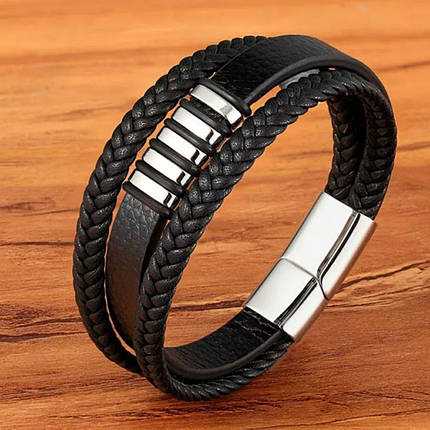 Браслет шкіряний з вставками Zig Jewelry чорний, фото 1