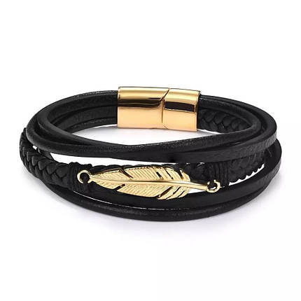 Браслет шкіряний ПЕРО Zig Jewelry чорний 18,5см, фото 1