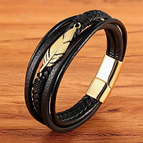 Браслет шкіряний ПЕРО Zig Jewelry чорний 18,5см, фото 4