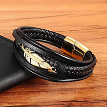 Браслет шкіряний ПЕРО Zig Jewelry чорний 18,5см, фото 6