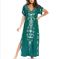 Зеленое платье с вышивкой, роскошная женская пляжная летняя туника из хлопка, раз. 48-52