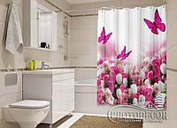 Фото Шторка для ванной "Белые тюльпаны с розами и бабочками" - цена указана за 1 м.кв. Читаем Описание!