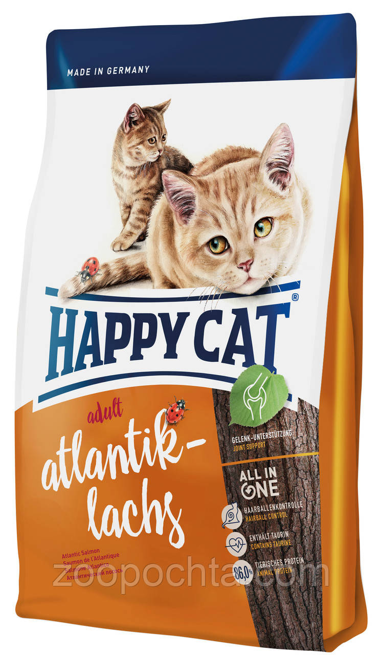 Сухий корм Happy Cat Adult Atlantik-Lachs для активних котів та котів, що мають довгу шерсть, з лососем, 10КГ