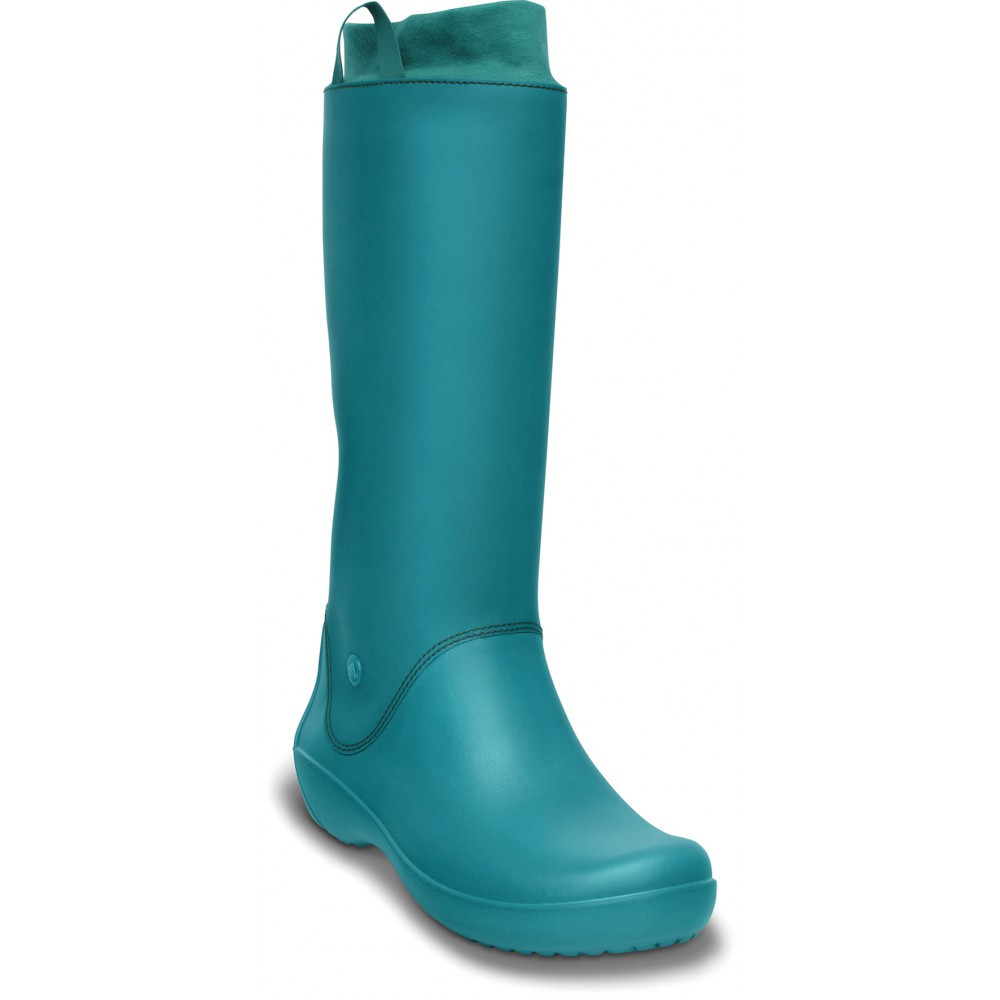 Чоботи гумові жіночі високі м'які з манжетом / Crocs Women's RainFloe Boot (12424), Зелені 36