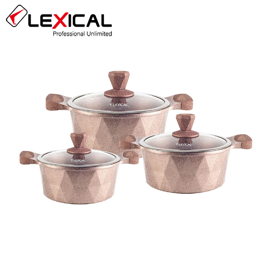 Набір каструль 22/26/30см LEXICAL LM-320602-5 антипригарне покриття, 6 предметів, Golden, фото 1