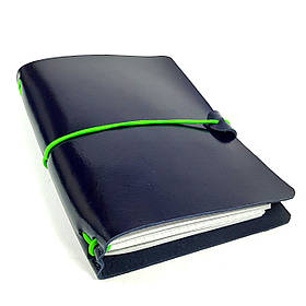 Блокнот синій мідорі Midori А6 шкіряний натуральна шкіра м'яка шкіра(з чорною резинкою)