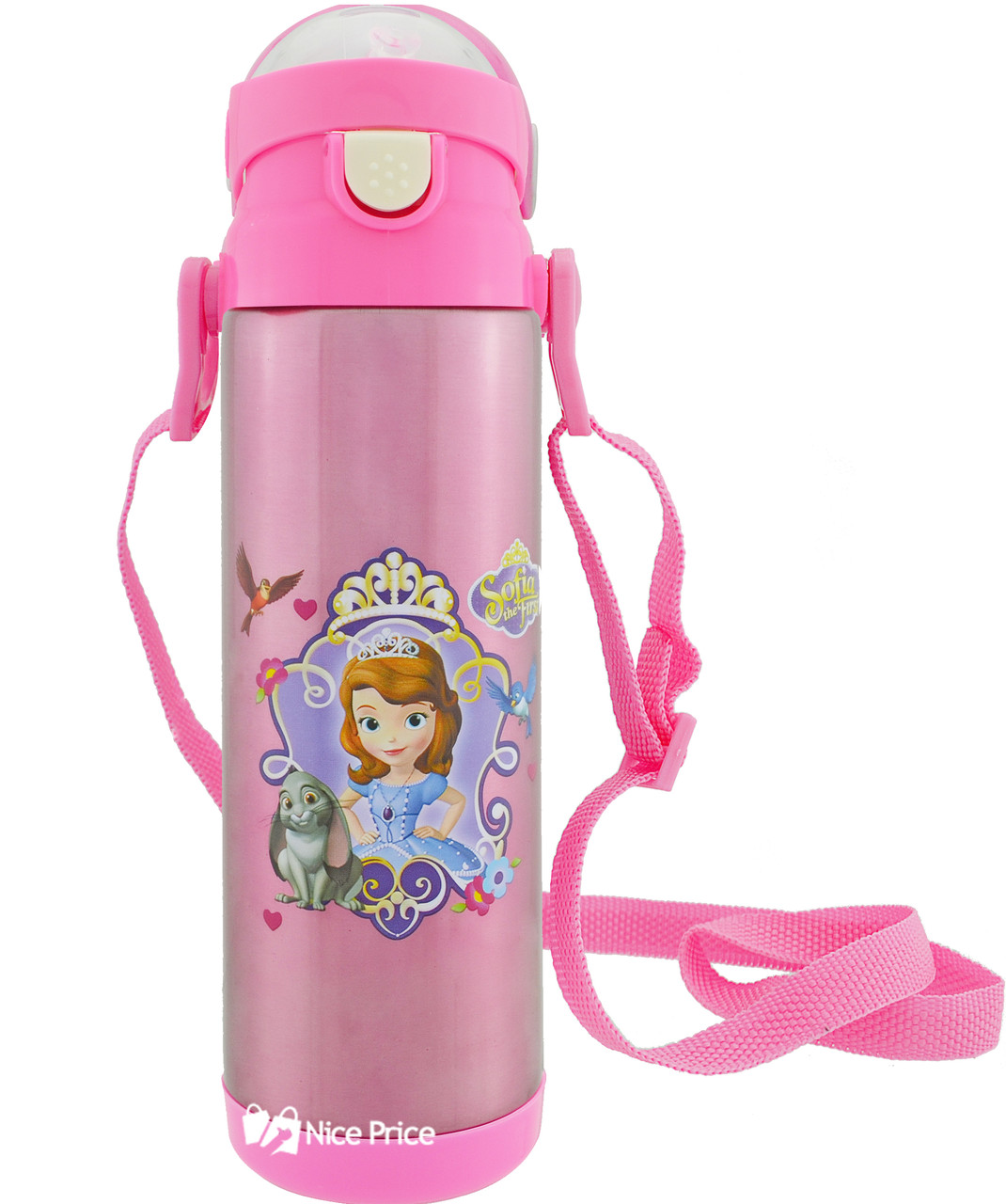 Дитячий Термос з поїлкою і шнурком на шию Disney 9030-500 500мл Софія Рожевий, фото 1