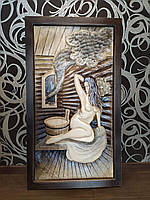 Картина різьблена для лазні. " Девушка в бане" Панно для бани.