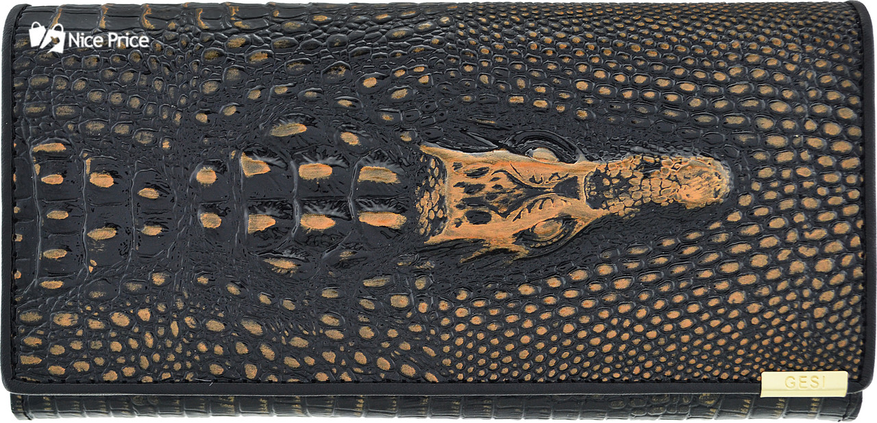 Жіночий гаманець з тисненням крокодила Banyanu чорний з золотим