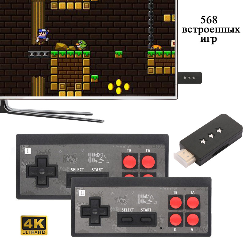 Ретро игровая консоль (игровая приставка) беспроводная HDMI 568 игр + 2 джойстика Y2+ HD (7308)