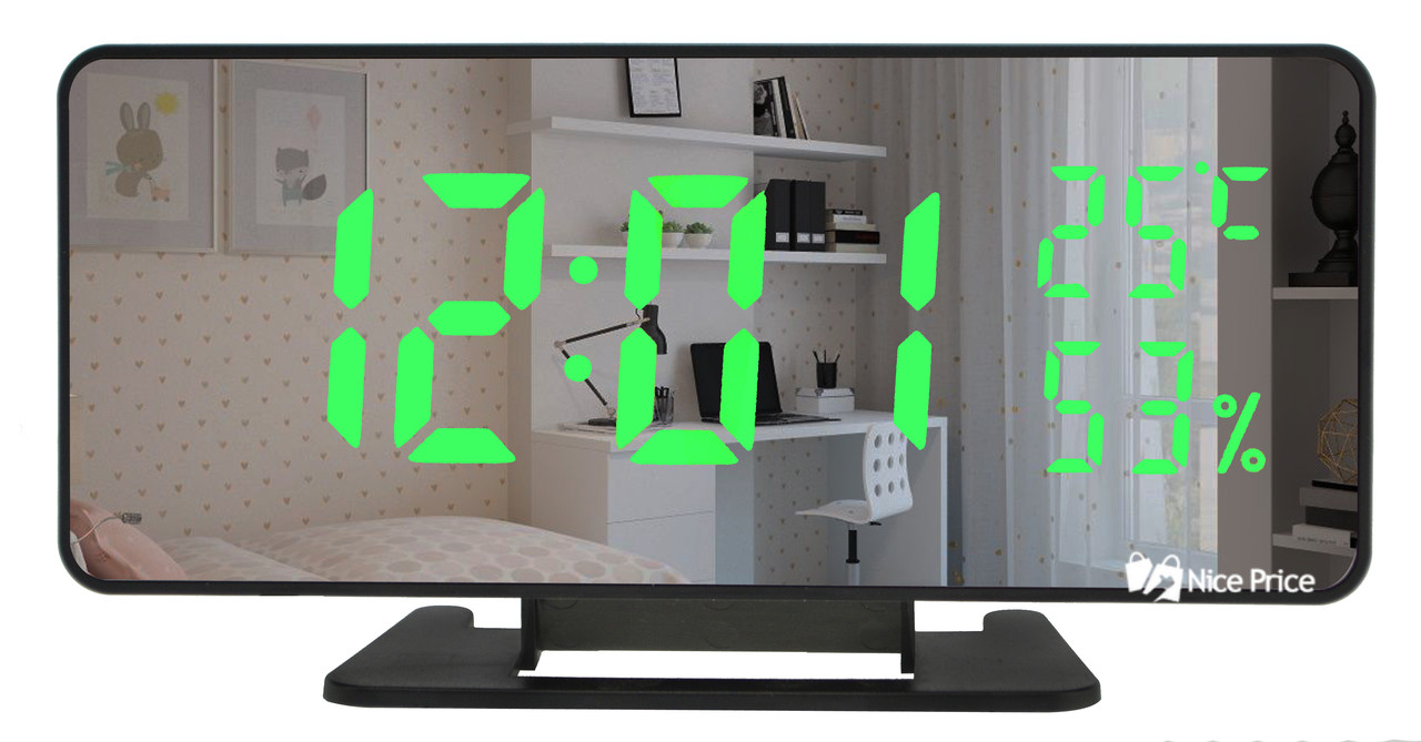 Дзеркальні LED годинник з будильником і термометром VST-888Y Black (зелена підсвітка) (7006)