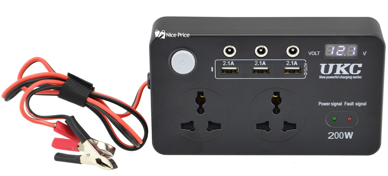 Перетворювач UKC авто інвертор 12В-220В 200W з екраном (3 USB, 2 розетки, 3 порти 5.5х2.5) (7064)