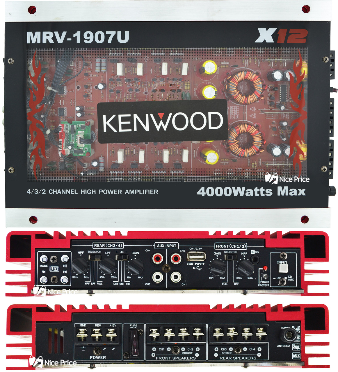 Автомобільний 4-канальний підсилювач звуку Kenwood MRV-1907 4000W Silver/Red