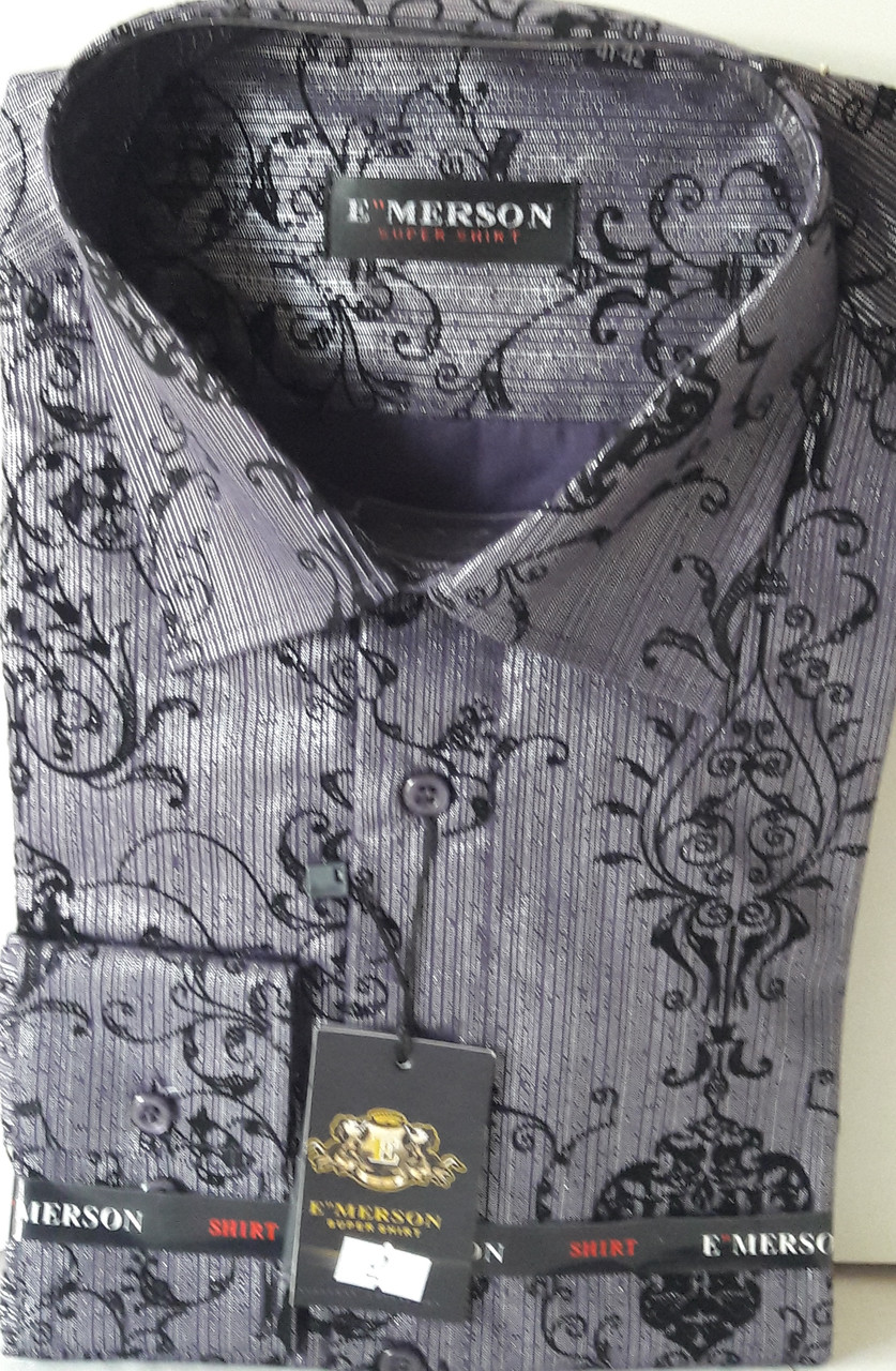 Сорочка чоловіча Emerson vd-0009 чорна приталені у візерунок з довгим рукавом