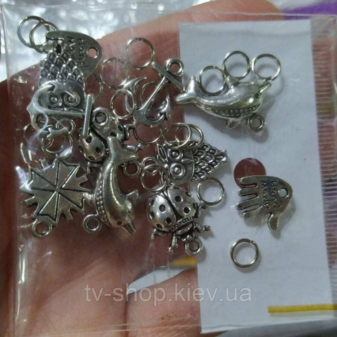 Підвіски для плетіння браслетів метал Сови,дельфіни, коровка, якорі (12 шт.), фото 1