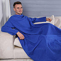 Согревающее одеяло плед халат с рукавами для чтения и карманами, рукоплед теплый флисовый синий 180х150 см
