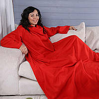 Согревающее одеяло плед халат с рукавами для чтения и карманами, рукоплед теплый флисовый красный 180х150 см