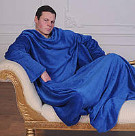 Согревающее одеяло плед халат с рукавами для чтения и карманами, рукоплед из микрофибры синий 200х150 см Gold