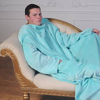 Согревающее одеяло плед халат с рукавами для чтения и карманами, рукоплед из микрофибры ментоловый 200х150 см